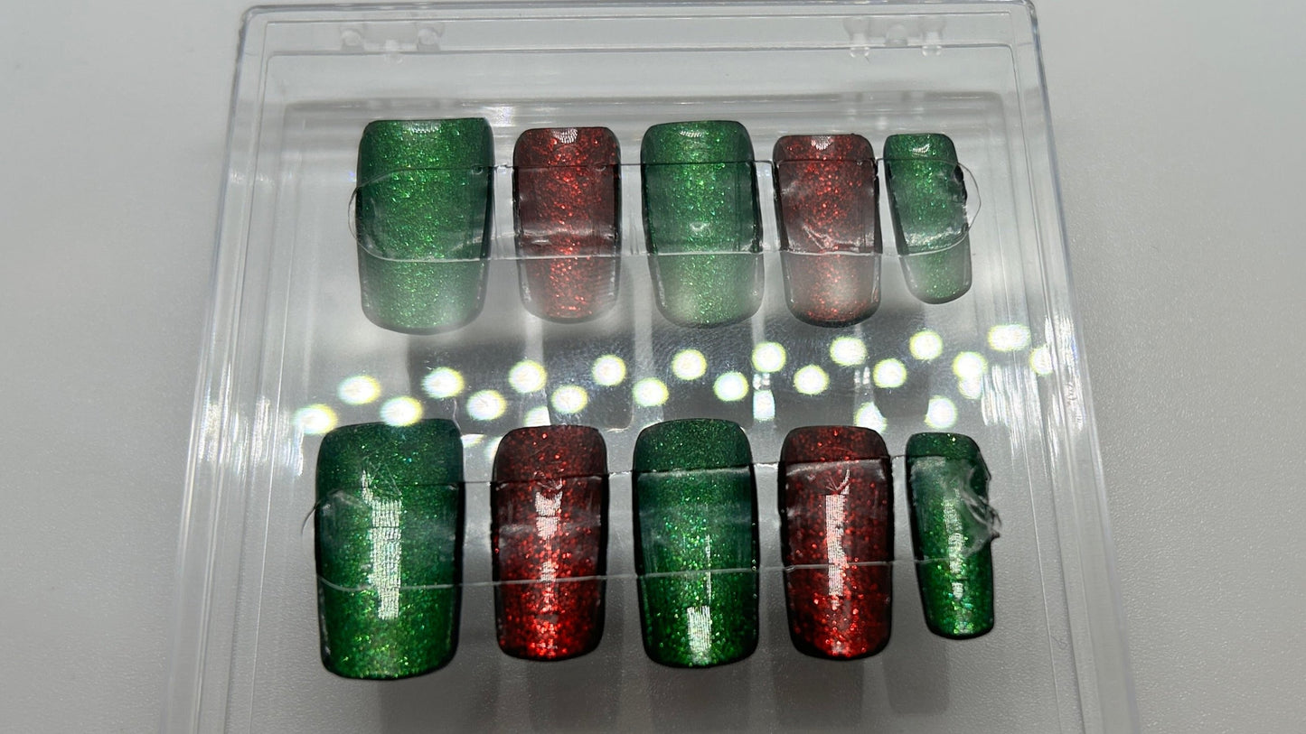 Festive Noir Gel Nail Set - Glossy Black & Festive Glitter Gel Nails