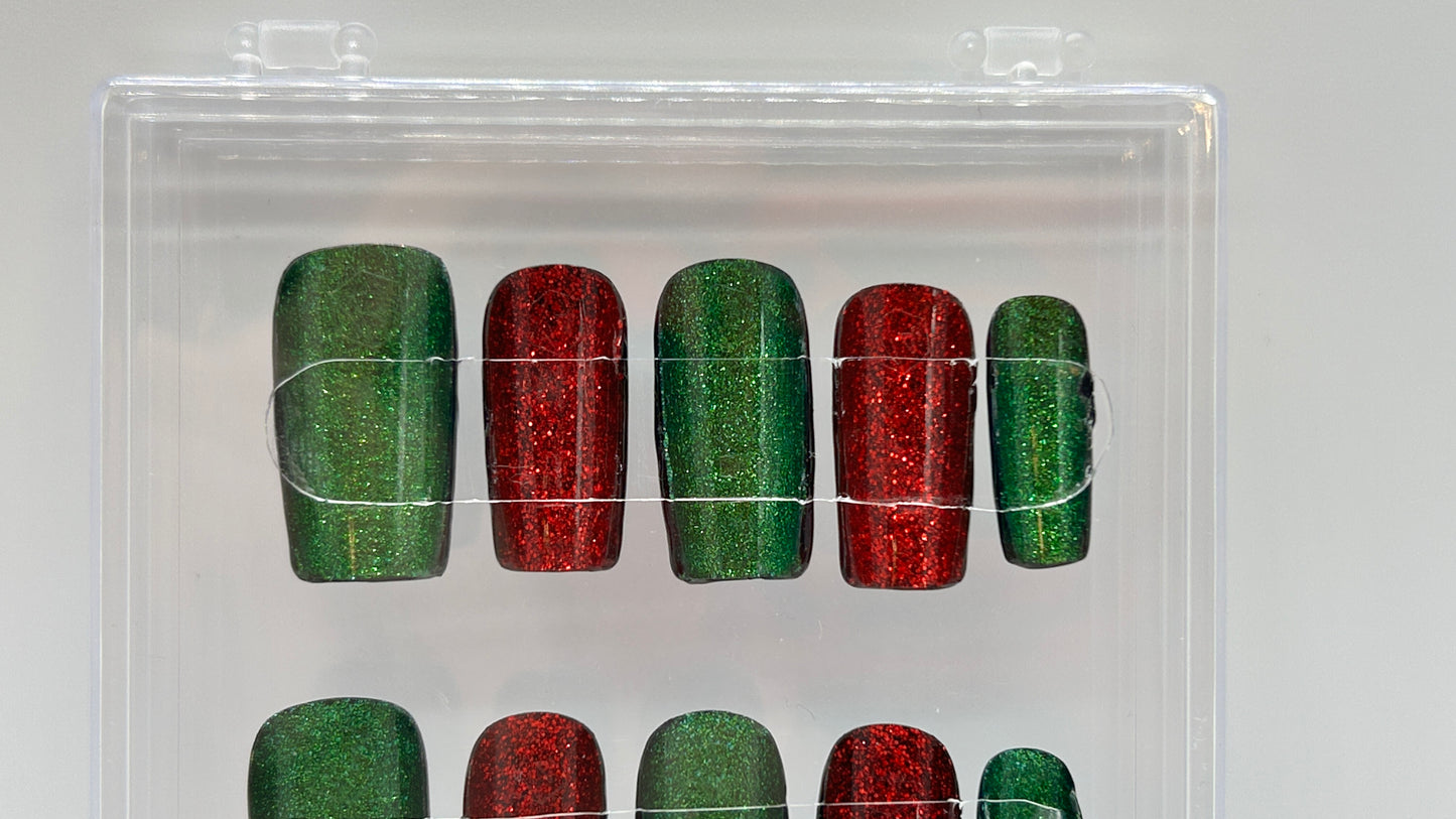 Festive Noir Gel Nail Set - Glossy Black & Festive Glitter Gel Nails