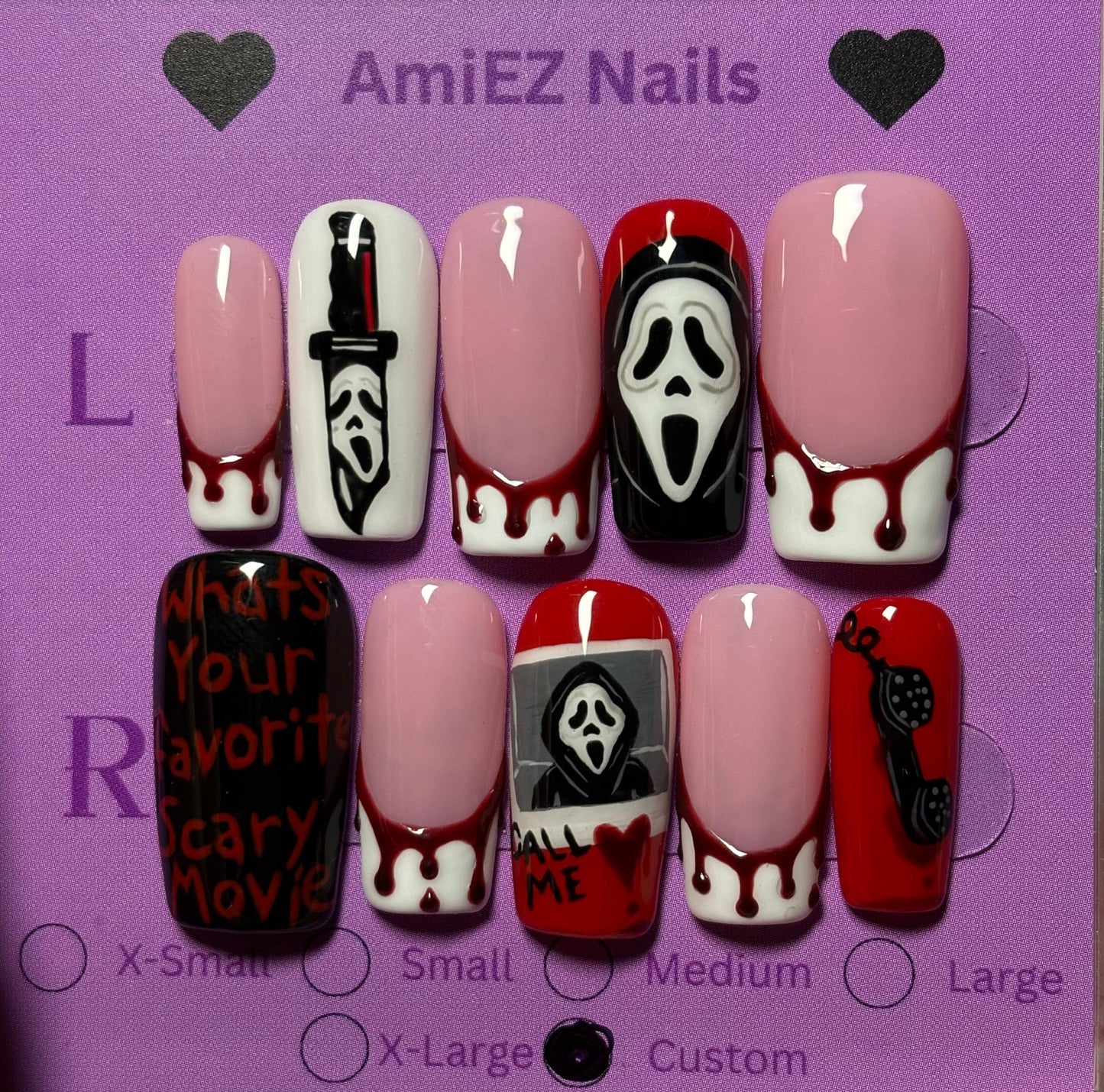 Set of AmieZ Nails Halloween-themed nail art designs on a purple display card.