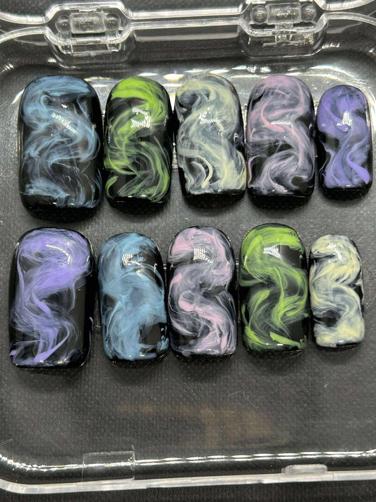 Glow-in-the-dark smokey swirl press-on nails